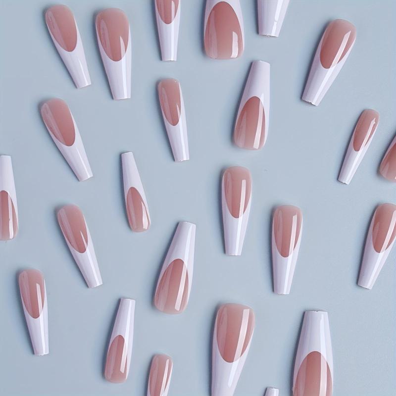 Long Coffin Press On Nails Pink Nude Glossy False Nails French Tip 24pcs