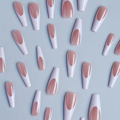 Long Coffin Press On Nails Pink Nude Glossy False Nails French Tip 24pcs