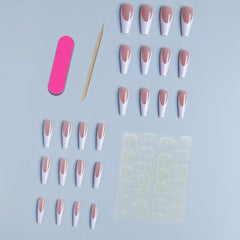 Long Coffin Press On Nails Pink Nude Glossy False Nails French Tip 24pcs