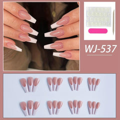 Long Coffin Press On Nails Pink Nude Glossy False Nails French Tip 24pcs