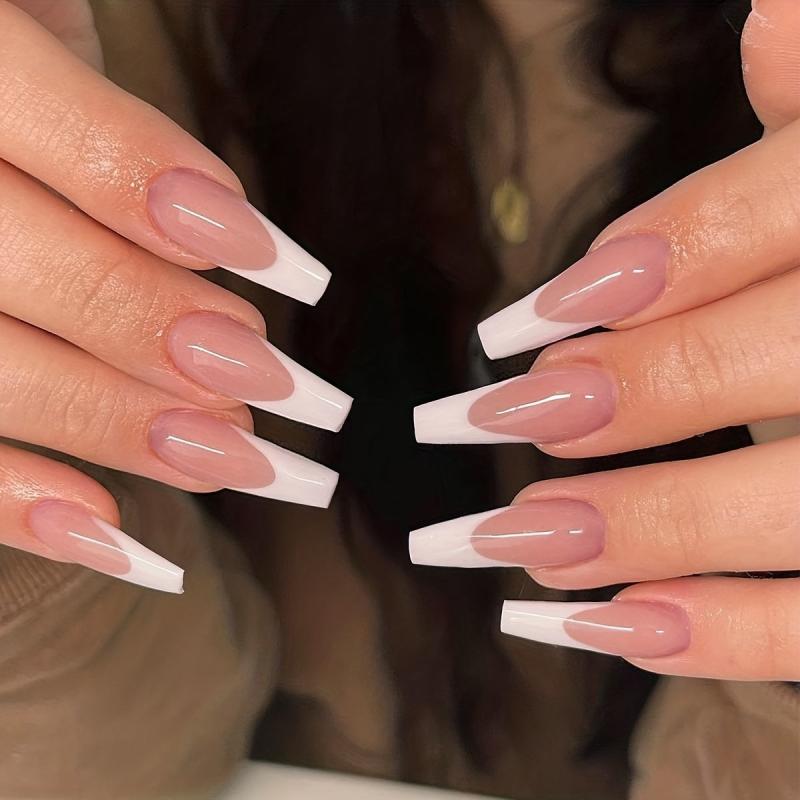 Long Coffin Press On Nails Pink Nude Glossy False Nails French Tip 24pcs