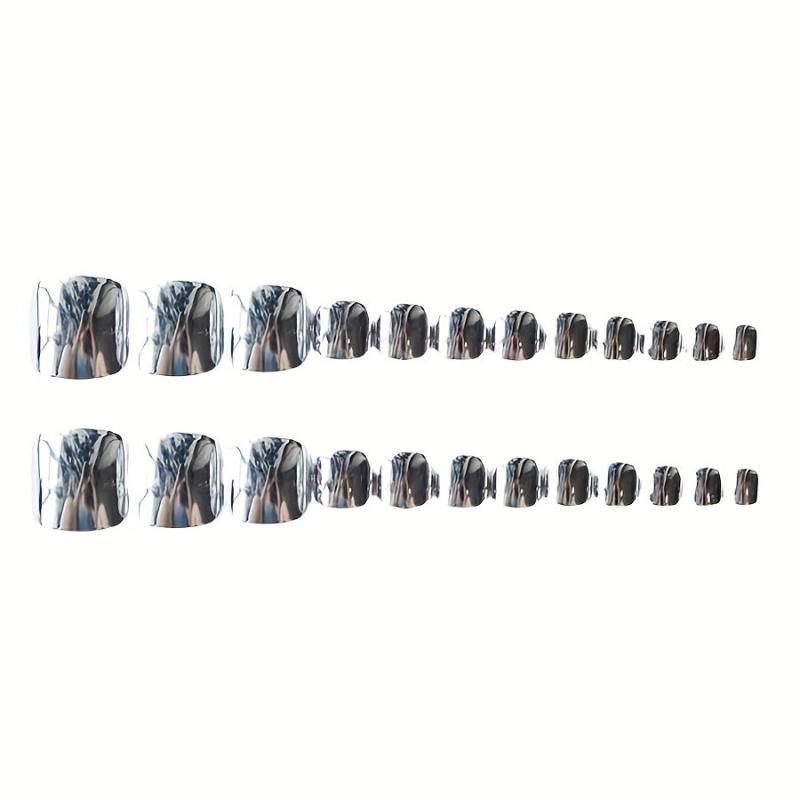 24pcs Square Press On Toe Nails Punk Mirror Chameleon Silver False Toe Nails