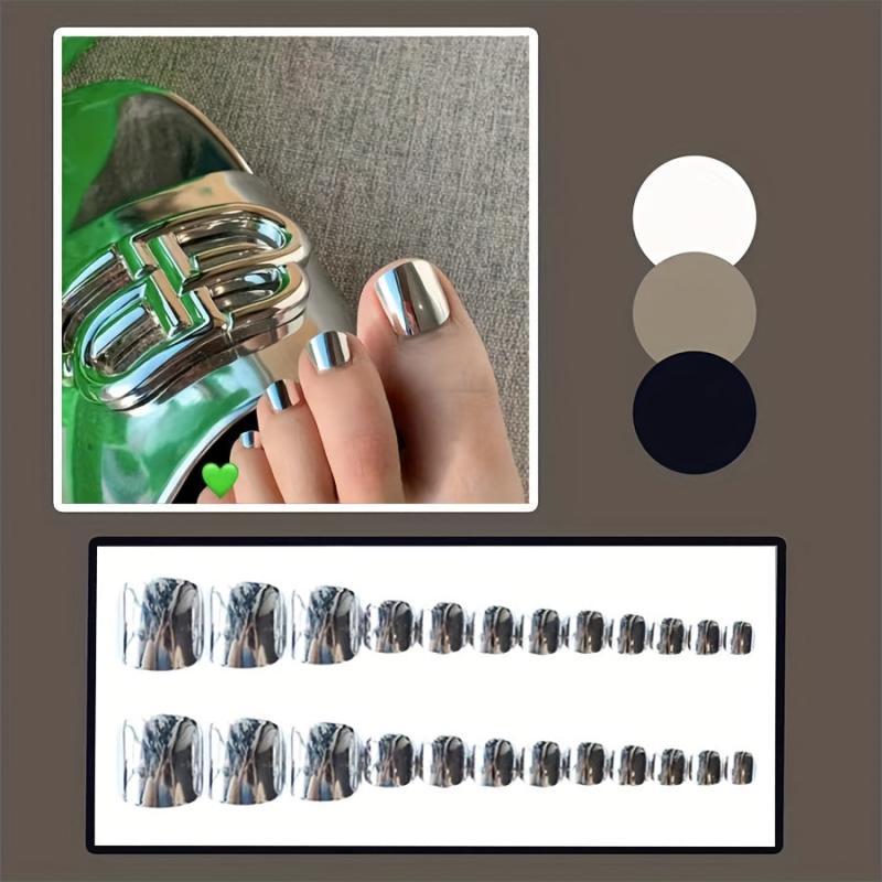 24pcs Square Press On Toe Nails Punk Mirror Chameleon Silver False Toe Nails
