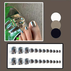 24pcs Square Press On Toe Nails Punk Mirror Chameleon Silver False Toe Nails