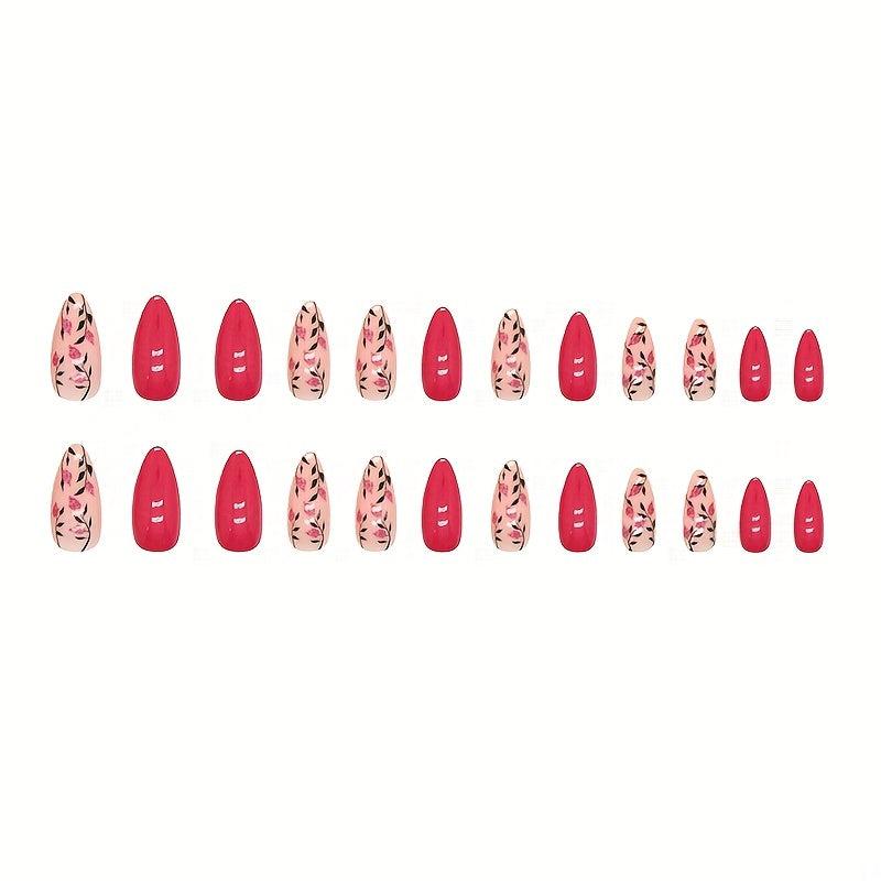 24pcs Rose Red French Tip Press On Nails Full Cover for Women