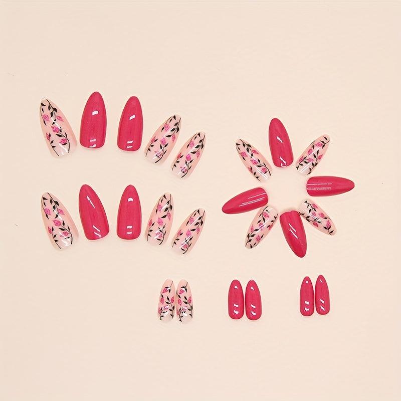 24pcs Rose Red French Tip Press On Nails Full Cover for Women