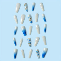 24pcs Gradient Glossy Marble Golden Foil Press On Nails