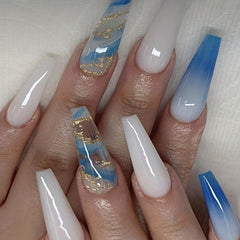 24pcs Gradient Glossy Marble Golden Foil Press On Nails