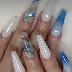24pcs Gradient Glossy Marble Golden Foil Press On Nails