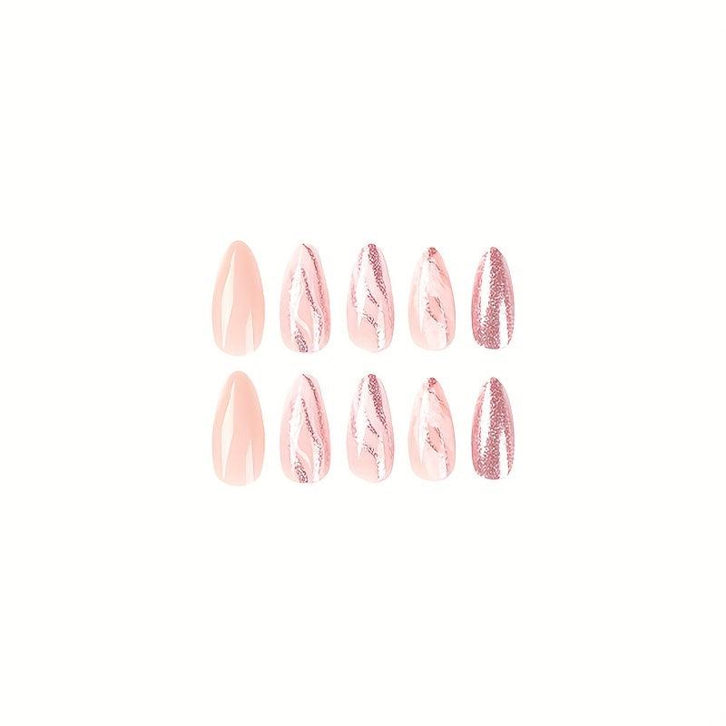 24pcs Pink Glitter Almond Press On Nails Medium Length False Nails