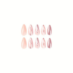 24pcs Pink Glitter Almond Press On Nails Medium Length False Nails