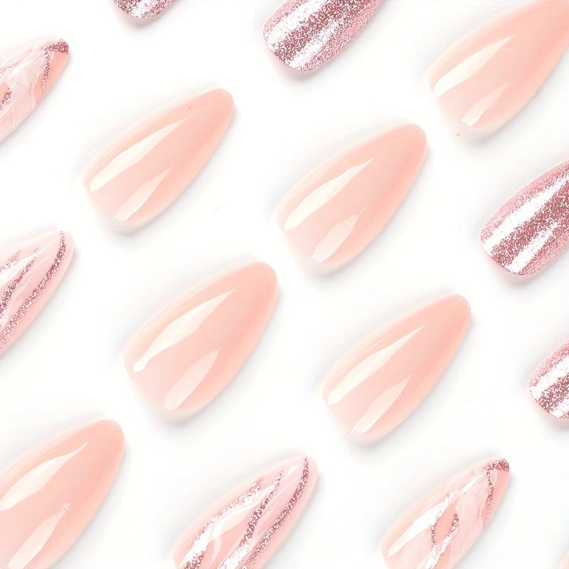 24pcs Pink Glitter Almond Press On Nails Medium Length False Nails