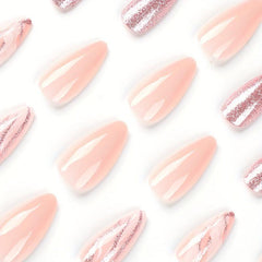 24pcs Pink Glitter Almond Press On Nails Medium Length False Nails