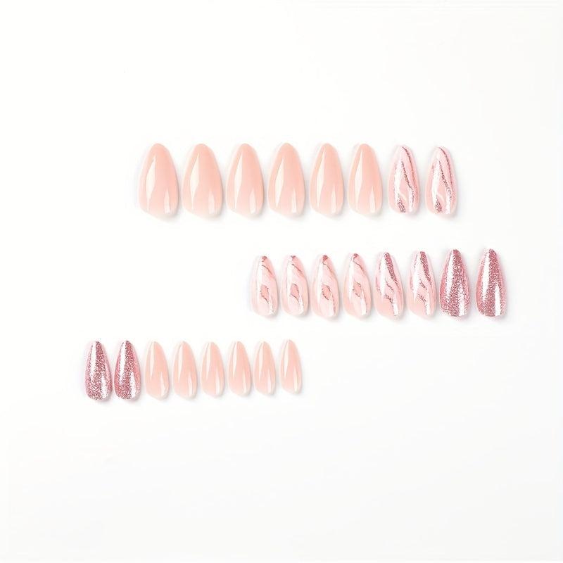 24pcs Pink Glitter Almond Press On Nails Medium Length False Nails