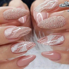 24pcs Pink Glitter Almond Press On Nails Medium Length False Nails