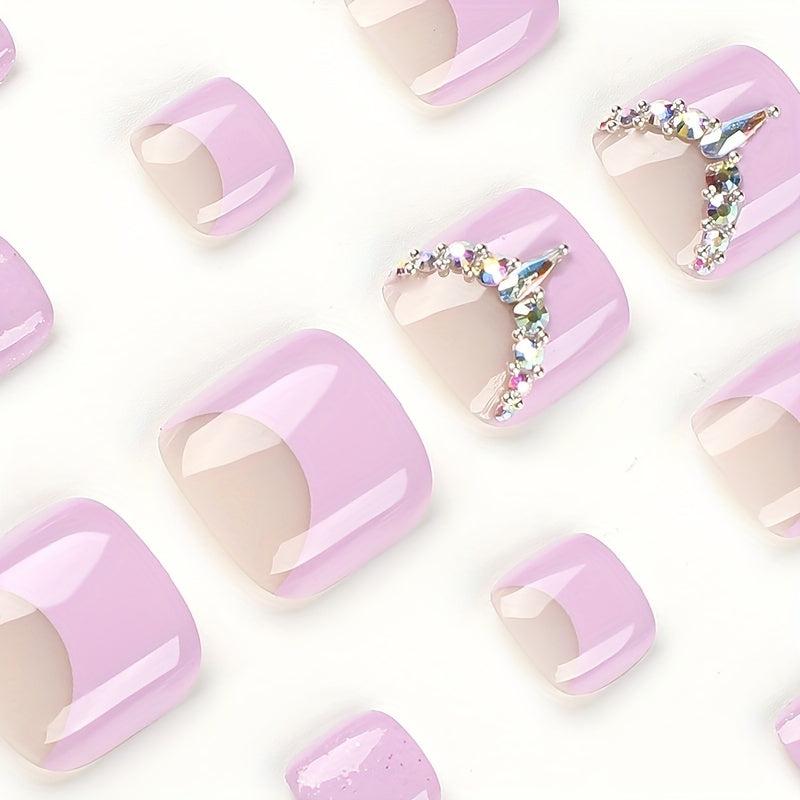 24pcs Purple Press On Toe Nails with Rhinestones - Easy to Apply