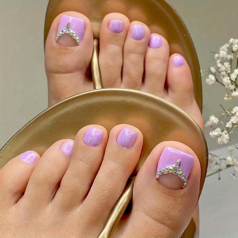 24pcs Purple Press On Toe Nails with Rhinestones - Easy to Apply