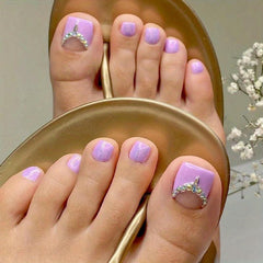 24pcs Purple Press On Toe Nails with Rhinestones - Easy to Apply