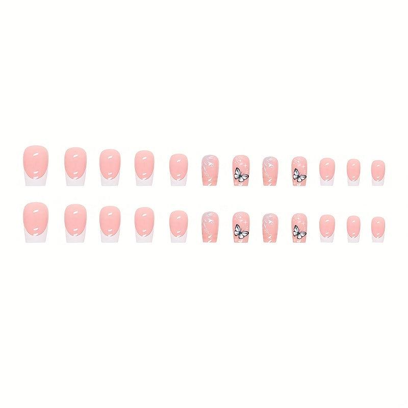 24pcs Glossy Butterfly Press On Nails with Golden Line Medium Square False Nails