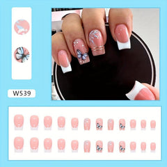 24pcs Glossy Butterfly Press On Nails with Golden Line Medium Square False Nails