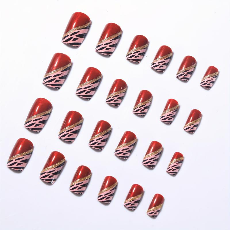 Leopard Golden Foil Press On Nails Kit w/ Jelly Sticker Tool - 24pcs