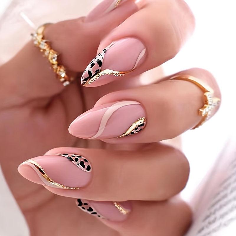Pink Leopard Print & Stripe Press On Nails for Women & Girls