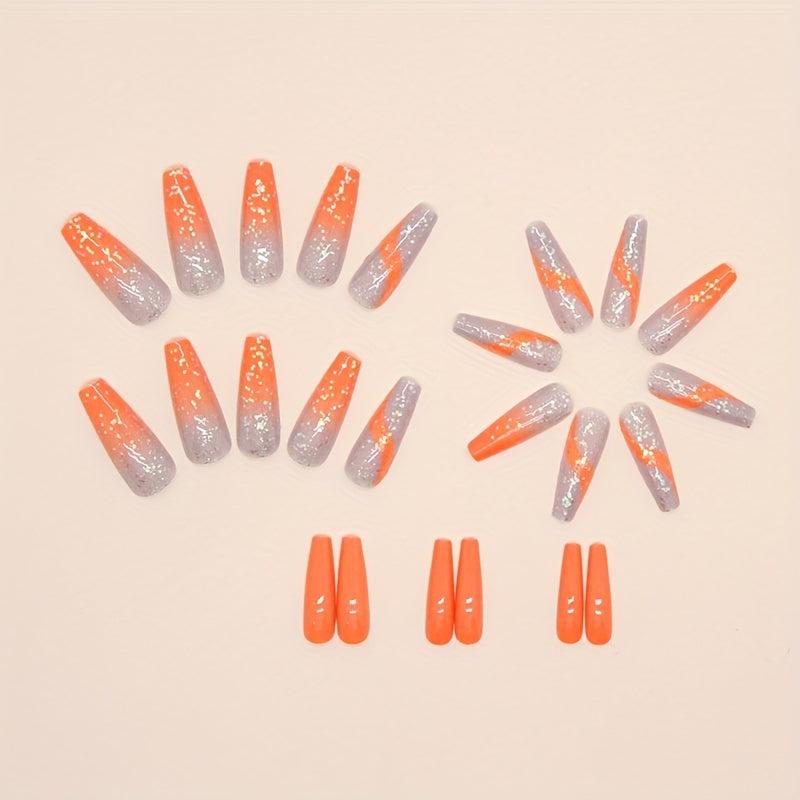 24pcs Orange Gradient Glitter Sequins Coffin Square False Nails