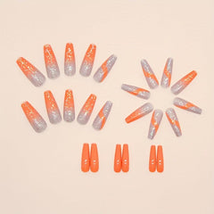 24pcs Orange Gradient Glitter Sequins Coffin Square False Nails