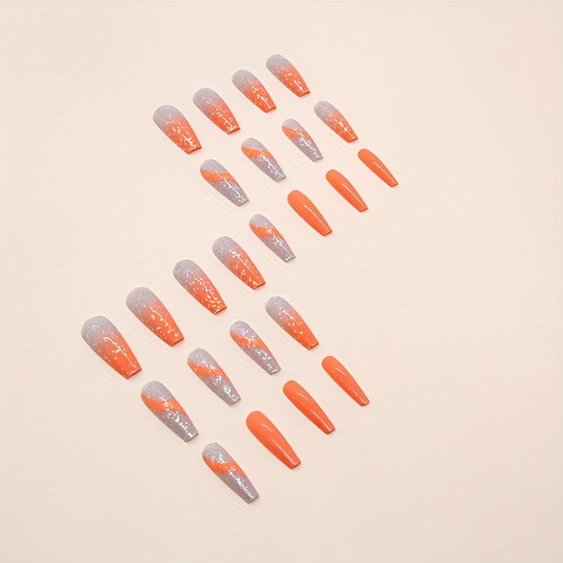24pcs Orange Gradient Glitter Sequins Coffin Square False Nails