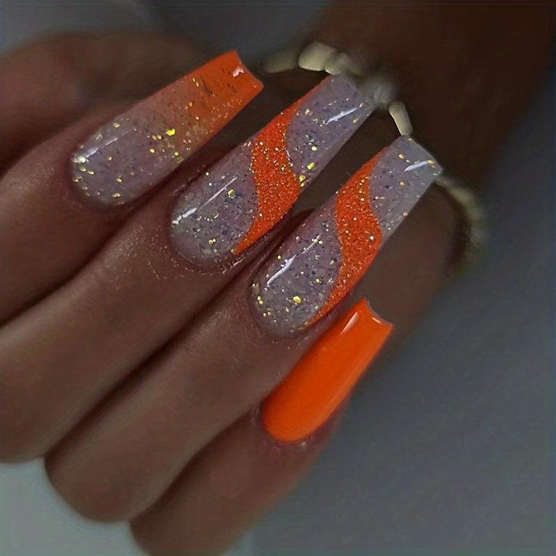24pcs Orange Gradient Glitter Sequins Coffin Square False Nails