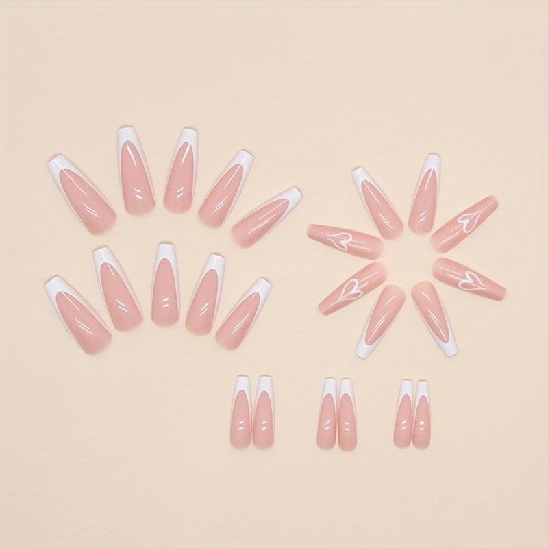 24pcs Glossy Pink French Tip Press On Nails - Full Cover Long Ballet False Nails