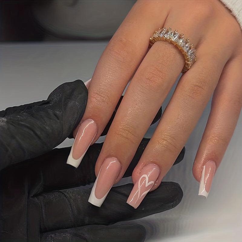 24pcs Glossy Pink French Tip Press On Nails - Full Cover Long Ballet False Nails