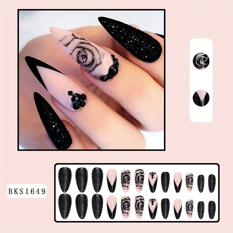 24 pcs Rose Long Almond Press On Nails Matte Glitter Artificial Nails