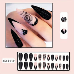 24 pcs Rose Long Almond Press On Nails Matte Glitter Artificial Nails