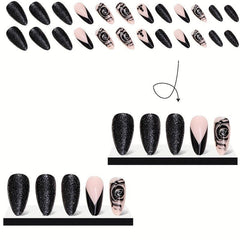 24 pcs Rose Long Almond Press On Nails Matte Glitter Artificial Nails