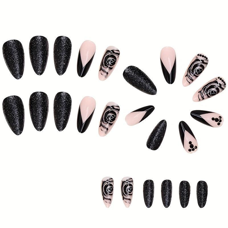 24 pcs Rose Long Almond Press On Nails Matte Glitter Artificial Nails