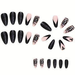 24 pcs Rose Long Almond Press On Nails Matte Glitter Artificial Nails