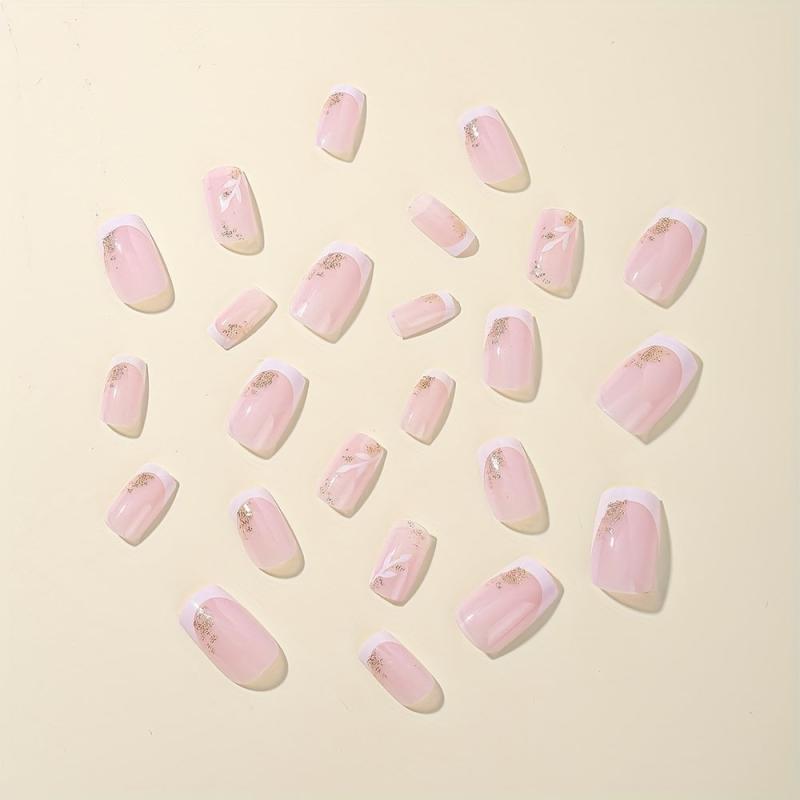 24pcs Pink Flower Square Press On Nails Glitter Sequins False Nails for Women