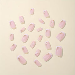 24pcs Pink Flower Square Press On Nails Glitter Sequins False Nails for Women