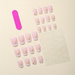 24pcs Pink Flower Square Press On Nails Glitter Sequins False Nails for Women