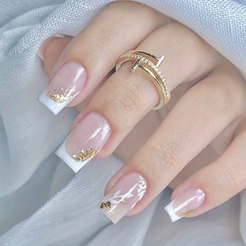 24pcs Pink Flower Square Press On Nails Glitter Sequins False Nails for Women