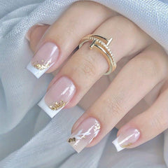 24pcs Pink Flower Square Press On Nails Glitter Sequins False Nails for Women