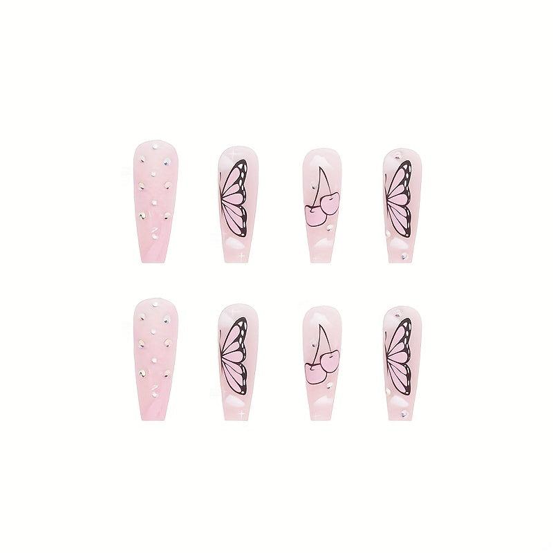24 pcs Pink Coffin Ballerina Press On Nails with Rhinestones and Butterfly Cloud