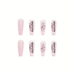 24 pcs Pink Coffin Ballerina Press On Nails with Rhinestones and Butterfly Cloud