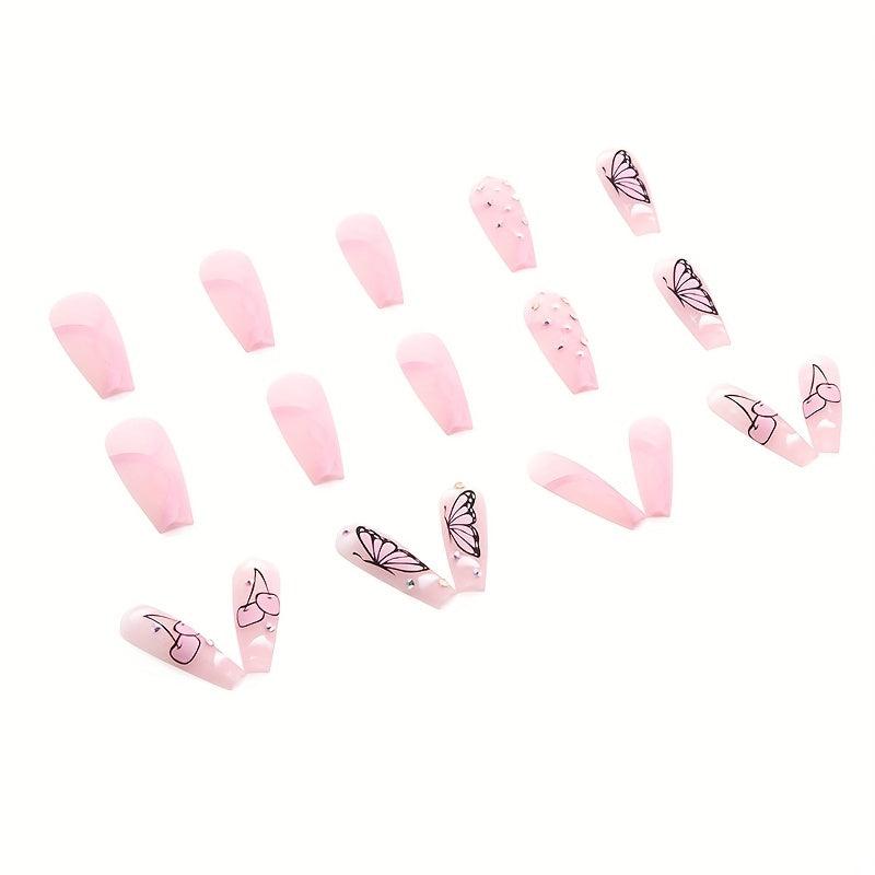 24 pcs Pink Coffin Ballerina Press On Nails with Rhinestones and Butterfly Cloud