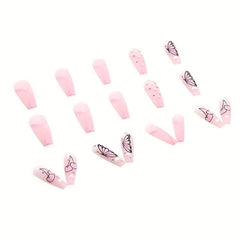 24 pcs Pink Coffin Ballerina Press On Nails with Rhinestones and Butterfly Cloud