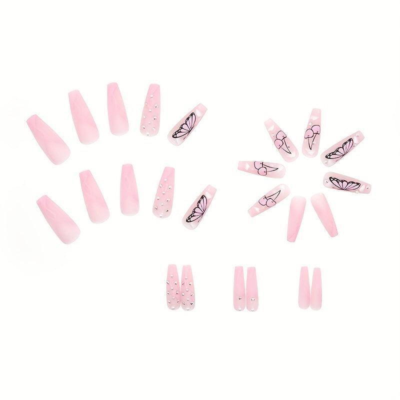 24 pcs Pink Coffin Ballerina Press On Nails with Rhinestones and Butterfly Cloud