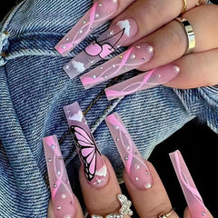 24 pcs Pink Coffin Ballerina Press On Nails with Rhinestones and Butterfly Cloud