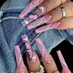 24 pcs Pink Coffin Ballerina Press On Nails with Rhinestones and Butterfly Cloud
