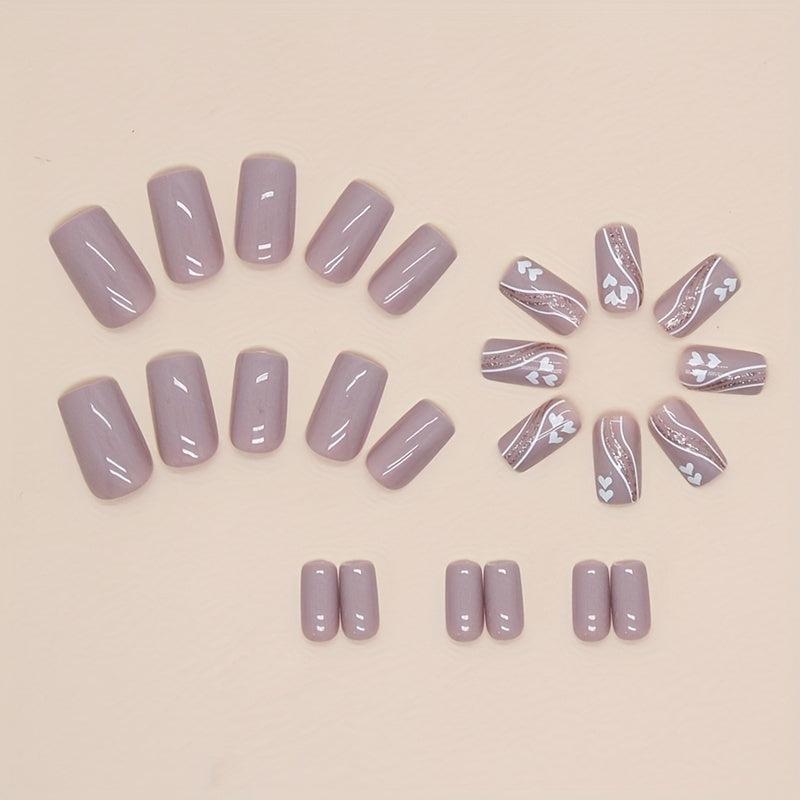 24pcs Nude Pink Glitter Heart False Nails for Women Square Full Cover Medium